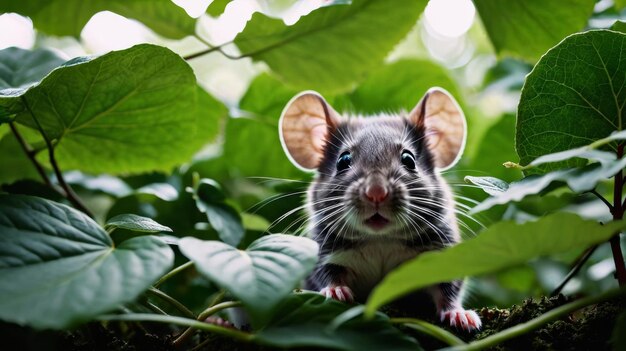 Kleine muis op de top van een weelderig groen bos