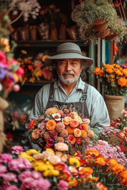 Kleine onderneming Een mannelijke bloemenhandelaar in een bloemenwinkel Bloemenbestelling