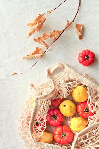 Kleine oranje pompoenen en levendige gele kweepeer in gebroken witte crèmekleurige netzak of touwzak Autumn Fall plat op witte tafel liggen met droge herfstbladeren op twijgen