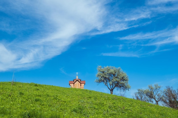 Kleine oude houten kapel op zomer groene grasrijke heuveltop eenzame wilg en blauwe lucht met wolken