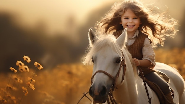 Kleine paardenvrouw van zes jaar op een witte pony.