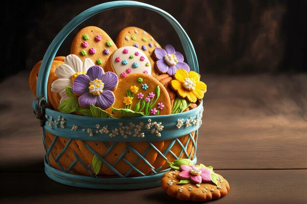 Kleine paasmand met versierde koekjes op tafel