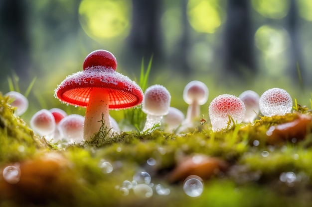 Kleine paddenstoelen met een rode dop in groen gras en dauwdruppels Generatieve AI