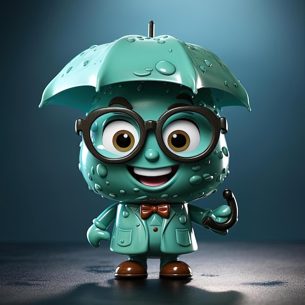kleine paraplu cartoon personage in regen laarzen staan met ogen op een grijze achtergrond bril