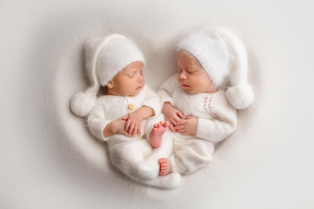 Kleine pasgeboren tweelingjongens in witte bodysuits op een witte achtergrond in witte kappen Pasgeboren tweeling slapen naast hun broer op de achtergrond van het hart Twee pasgeboren tweelingjongens knuffelen elkaar