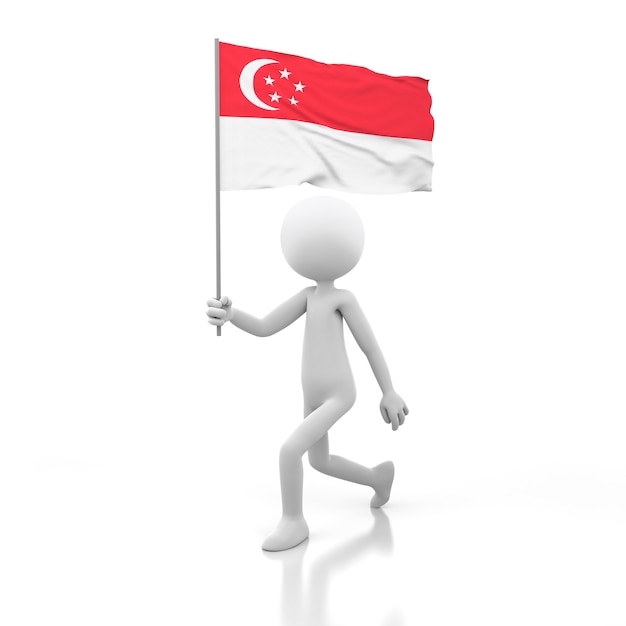 Kleine persoon die met de vlag van Singapore in een hand loopt. 3D-rendering afbeelding