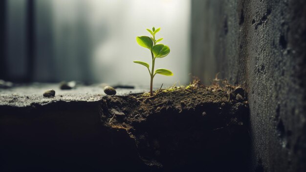 Kleine planten groeien in gebarsten en gebroken grond concept van natuur en hoop Generatieve AI