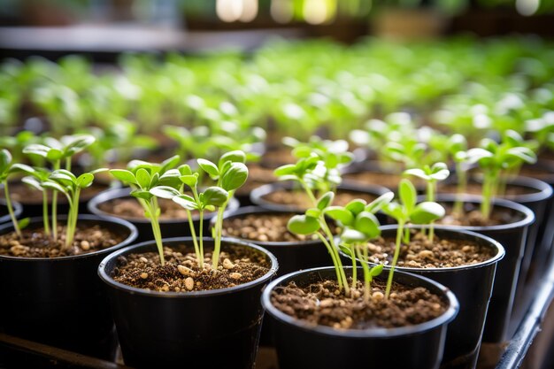 Foto kleine planten spruiten in potten op een verticale boerderijfoto