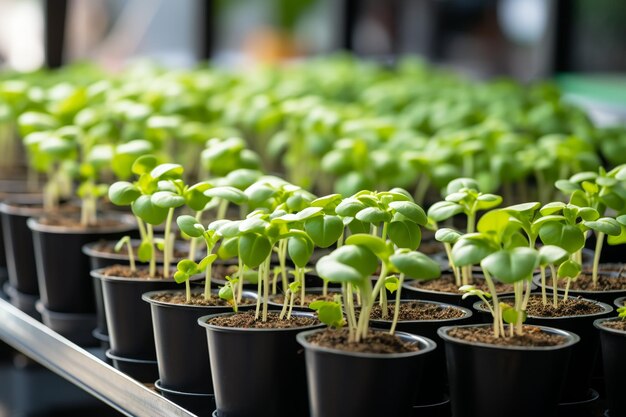 Kleine planten spruiten in potten op een verticale boerderijfoto