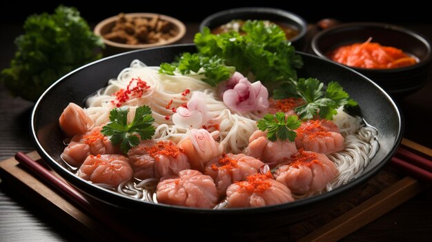 Kleine platte rijstnoedels met visballen en garnalenballen in roze soep yen ta vier of yen ta fo als