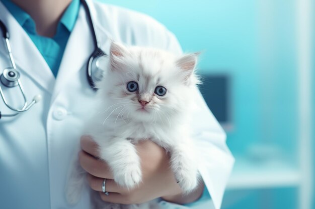 Kleine pluizige kitten in de handen van een dierenarts in een medische witte jas met een stethoscoop