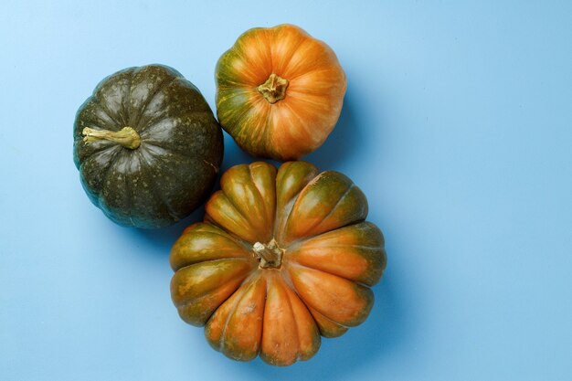 Kleine pompoenen op blauwe pastel achtergrond bovenaanzicht