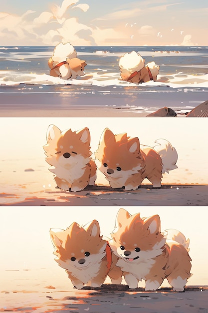 Foto kleine puppy's spelen op het strand set van anime illustraties