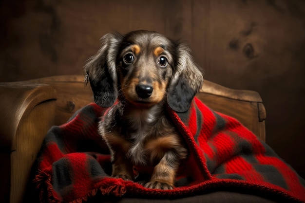 Kleine puppy teckel hond zit op houten bank met rode deken generatieve ai