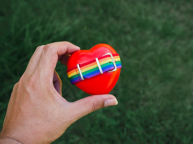Kleine regenboogvlagriem op rood hartbal in vrolijke mensenhand op groene aardachtergrond. LGBT-concept met trotskleuren en regenboogvlagstrook.