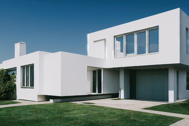 Foto kleine residentie in modern huis exterieur met groen gazon voor de ingang