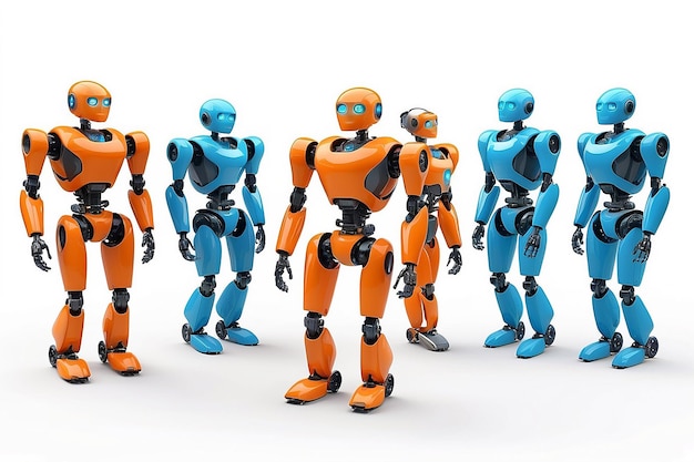 Kleine robots met menselijk gezicht en lichaam humanoïde kunstmatige intelligentie AI Oranje en blauwe robots geïsoleerd op witte achtergrond