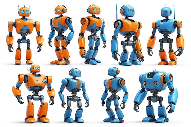 Foto kleine robots met menselijk gezicht en lichaam humanoïde kunstmatige intelligentie ai oranje en blauwe robots geïsoleerd op witte achtergrond