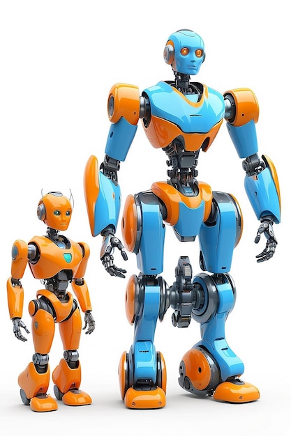 Kleine robots met menselijk gezicht en lichaam humanoïde kunstmatige intelligentie AI Oranje en blauwe robots geïsoleerd op witte achtergrond