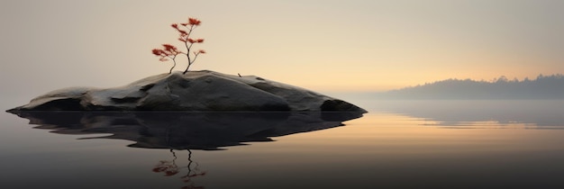 Kleine rode boom op een rots in een meer of rivier bij zonsondergang panoramisch minimalistisch landschap van vreedzame natuur geïsoleerde plant op de achtergrond van de lucht Concept van kunst minimalisme water