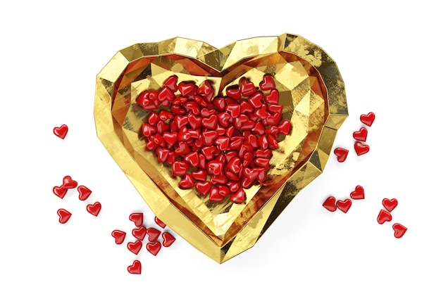 Kleine rode harten liggen op gouden plaat, Valentijnsdag thema, 3d