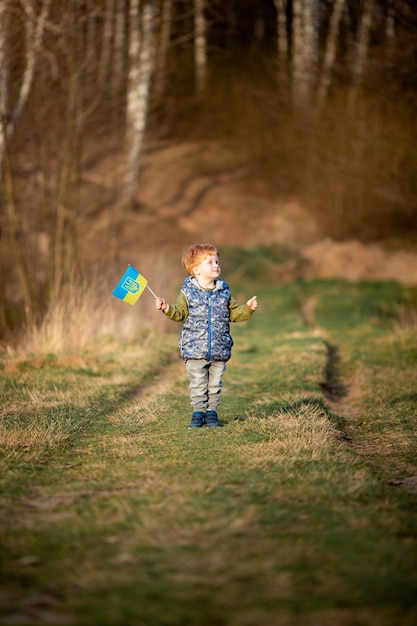 Kleine roodharige jongen loopt in de natuur met de vlag van Oekraïne bij zonsondergang