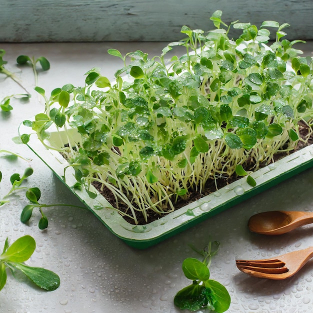 Foto kleine schatten microgreens genieten van een culinaire presentatie