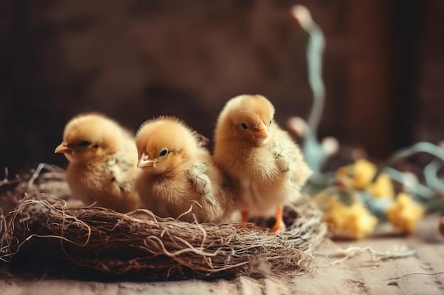 Kleine schattige babykuikens in een emmer die thuis gele pasgeboren babykuikens spelen