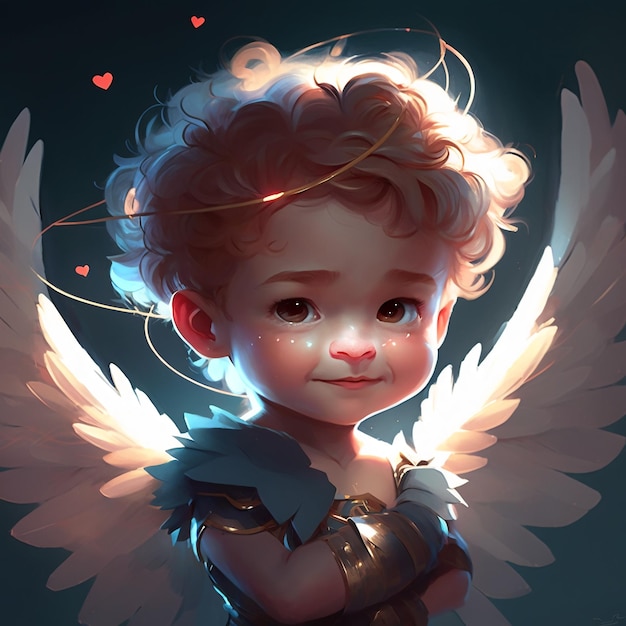 Kleine schattige Cupido. Krullende blonde jongen Angel Amur