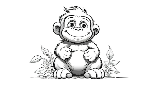 Kleine schattige glimlach aap kleurblad voor kinderen kleurboek dieren tekenen lijnkunst