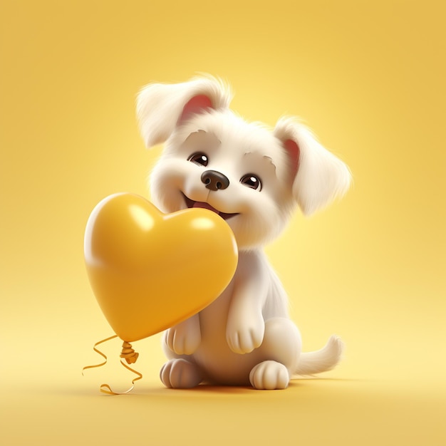Kleine schattige isometrische hond met een hartvormige ballon