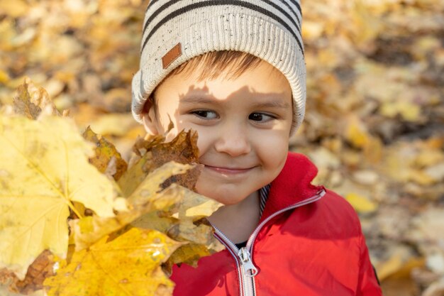 Kleine schattige jongen met boeket gele gevallen bladeren in de herfst in het park