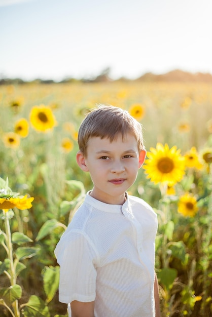 Kleine schattige jongen van 8 jaar oud in een zonnebloemveld Portret van een gelukkig kind Zomer