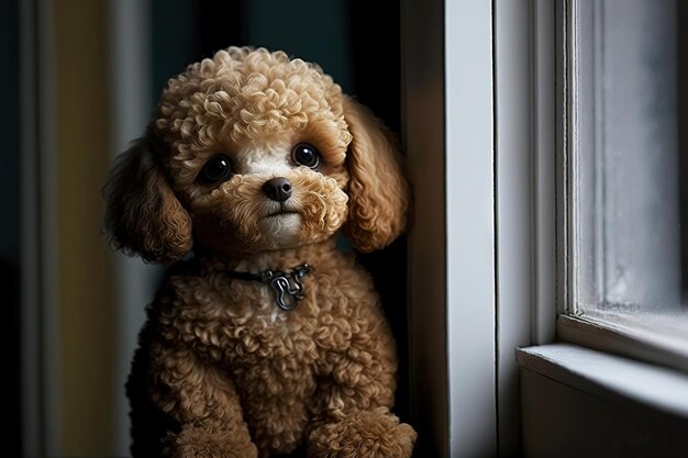 Kleine schattige kleine poedelpuppy die bij het raam zit