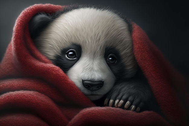 Kleine schattige pluizige panda rusten in een rode deken valentijnsdag desktop screensaver AI gegenereerd