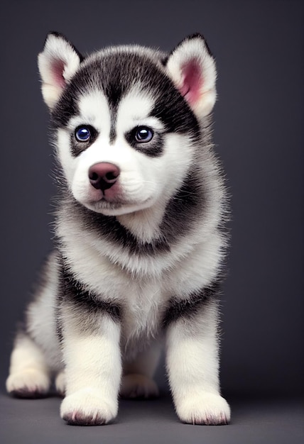 Kleine schattige schattige Husky-puppy met studioverlichting op zwarte achtergrond Adopteer een puppy puur ras