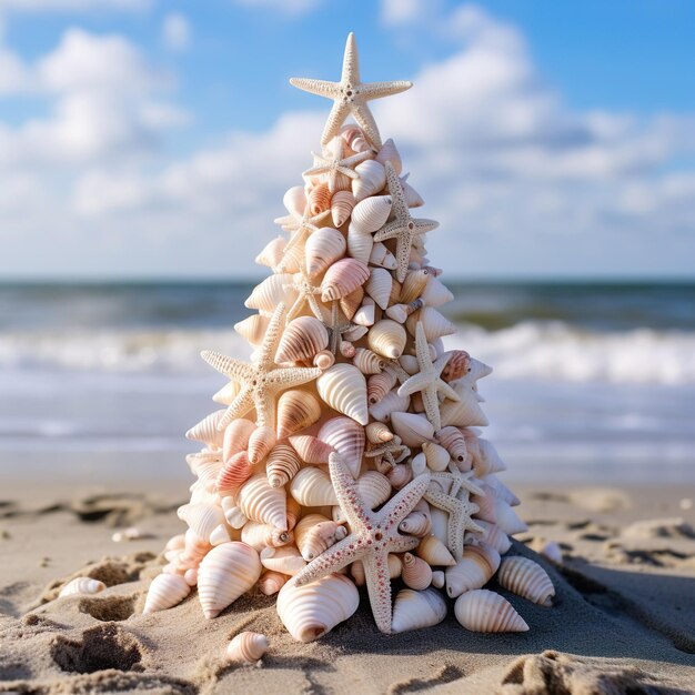Kleine schelp kerstboom op het strand Generatieve AI