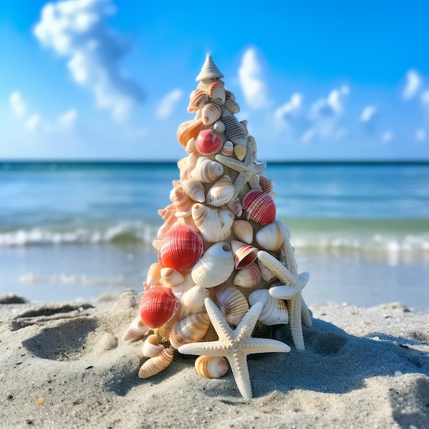 Kleine schelp kerstboom op het strand Generatieve AI