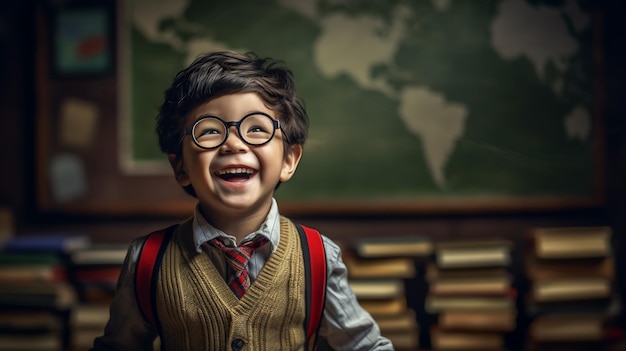 Kleine schooljongen die glimlachend voor het bord staat Gemaakt met generatieve AI-technologie