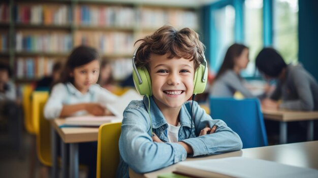 Kleine schooljongen met koptelefoon zit aan haar bureau op haar eerste schooldag en glimlacht Gemaakt met generatieve AI-technologie