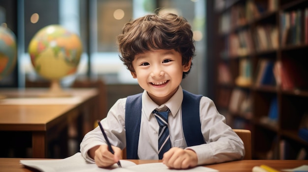 Kleine schooljongen zit aan zijn bureau voor een klaslokaalGemaakt met generatieve AI-technologie