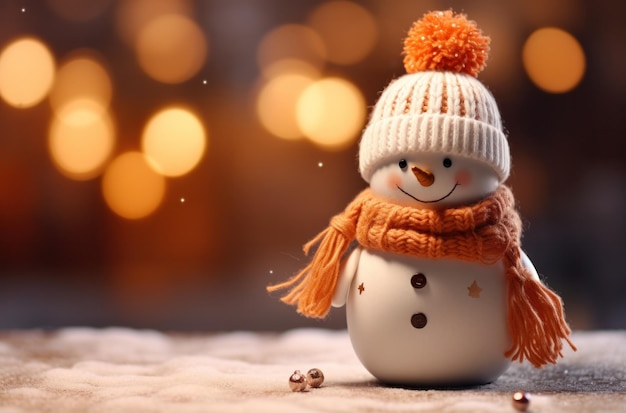 Foto kleine sneeuwman in een hoed en trui op de tafel met dennen takken
