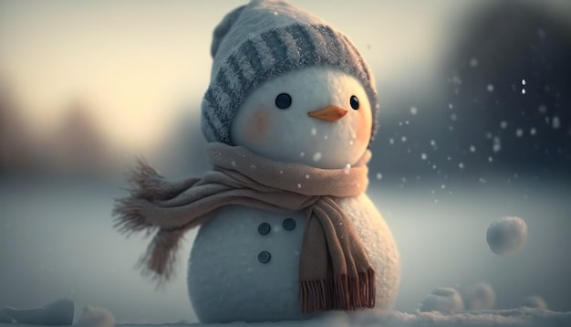 Kleine sneeuwpop in een pet en een sjaal op sneeuw in de winter Generatieve AI