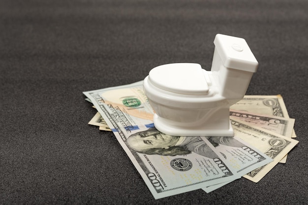 Kleine speelgoed witte wc-pot staat op contant geld Dollars kopen vervanging of reparatie van sanitair in huis