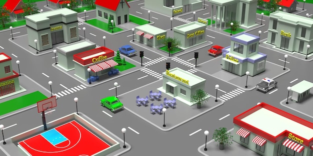 Kleine stad isometrisch plan binnenstad stadsblokken en straten 3d illustratie