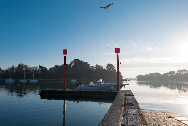 Kleine steiger op het eiland Conleau in Bretagne met vogels en zeilboten