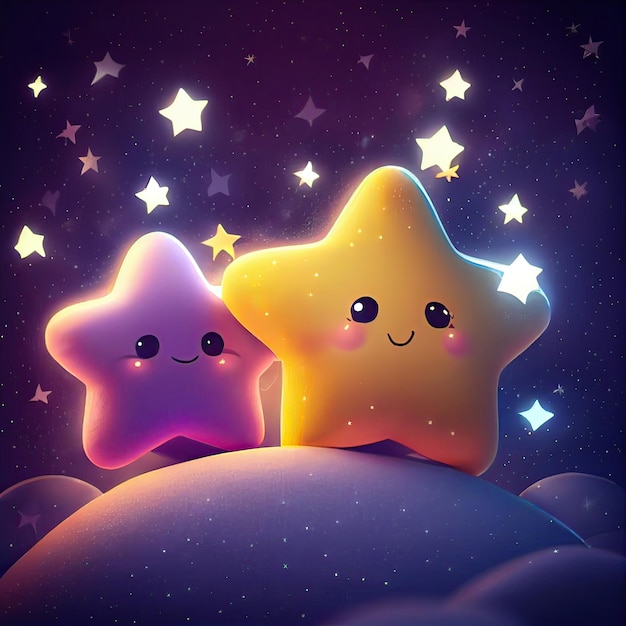 Kleine ster en de sterrenhemel glanzende kleurrijke sterren Leuke vijfpuntige ster illustratie van een Leuke