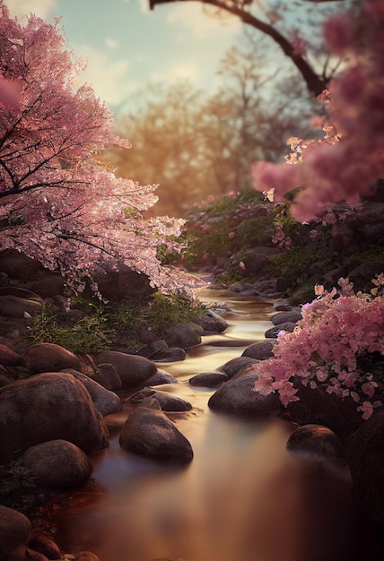 Kleine stroom water op een prachtig Sakura-bos