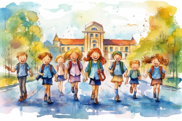 Foto kleine studenten met rugzakken in aquarelstijl terug naar schoolconcept