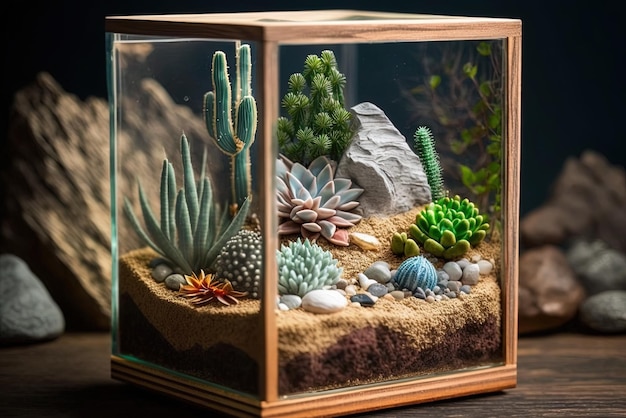 Foto kleine succulente tuin in een terrarium op een houten vensterbank het terrarium heeft succulenten